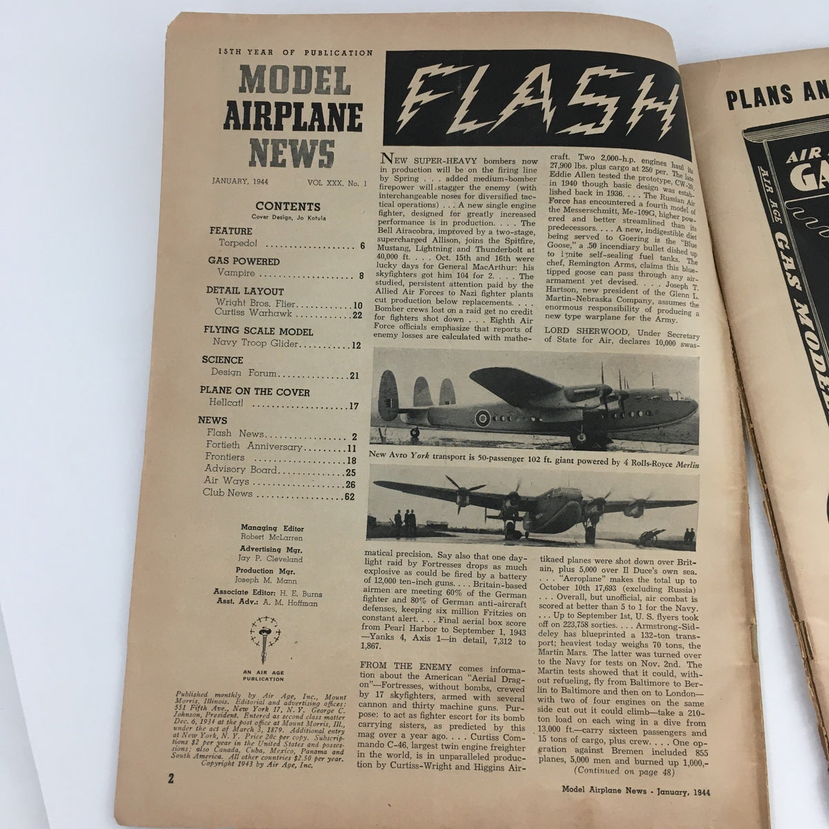 Interior page of Model Airplane News Magazine January 1944 showing the table of contents and articles about model airplanes, including feature stories and detailed layouts.