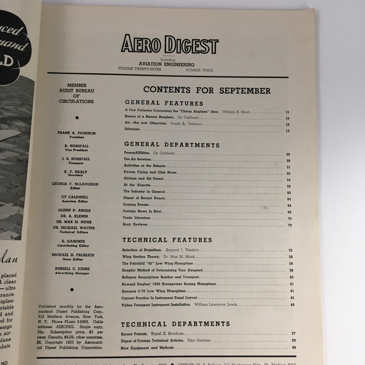 Contents page of Aero Digest Magazine September 1935, detailing articles and features related to aviation, including mentions of the Jacobs-Power 4-Place Fairchild 45 Monoplane.