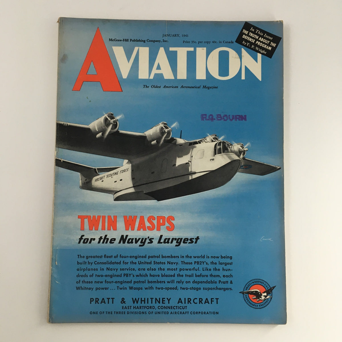 Cover of Aviation Magazine January 1941 featuring 'Twin Wasps for the Navy's Largest Patrol Bombers' with an image of a four-engine patrol bomber. Highlights the significance of Twin Wasps engines developed by Pratt & Whitney Aircraft.