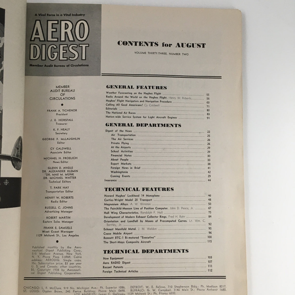 Contents page of Aero Digest Magazine August 1938 featuring Howard Hughes' Around The World Flight Feature, highlighting articles, general features, and technical features related to aviation.