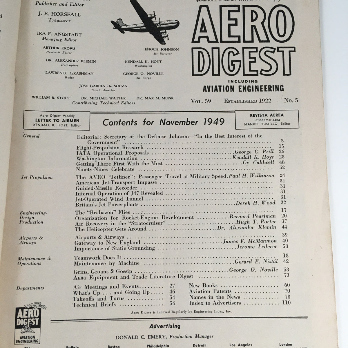 Interior contents page of Aero Digest Magazine November 1949 Vol 59 #5, listing articles including air recovery techniques for the Stratocruiser.