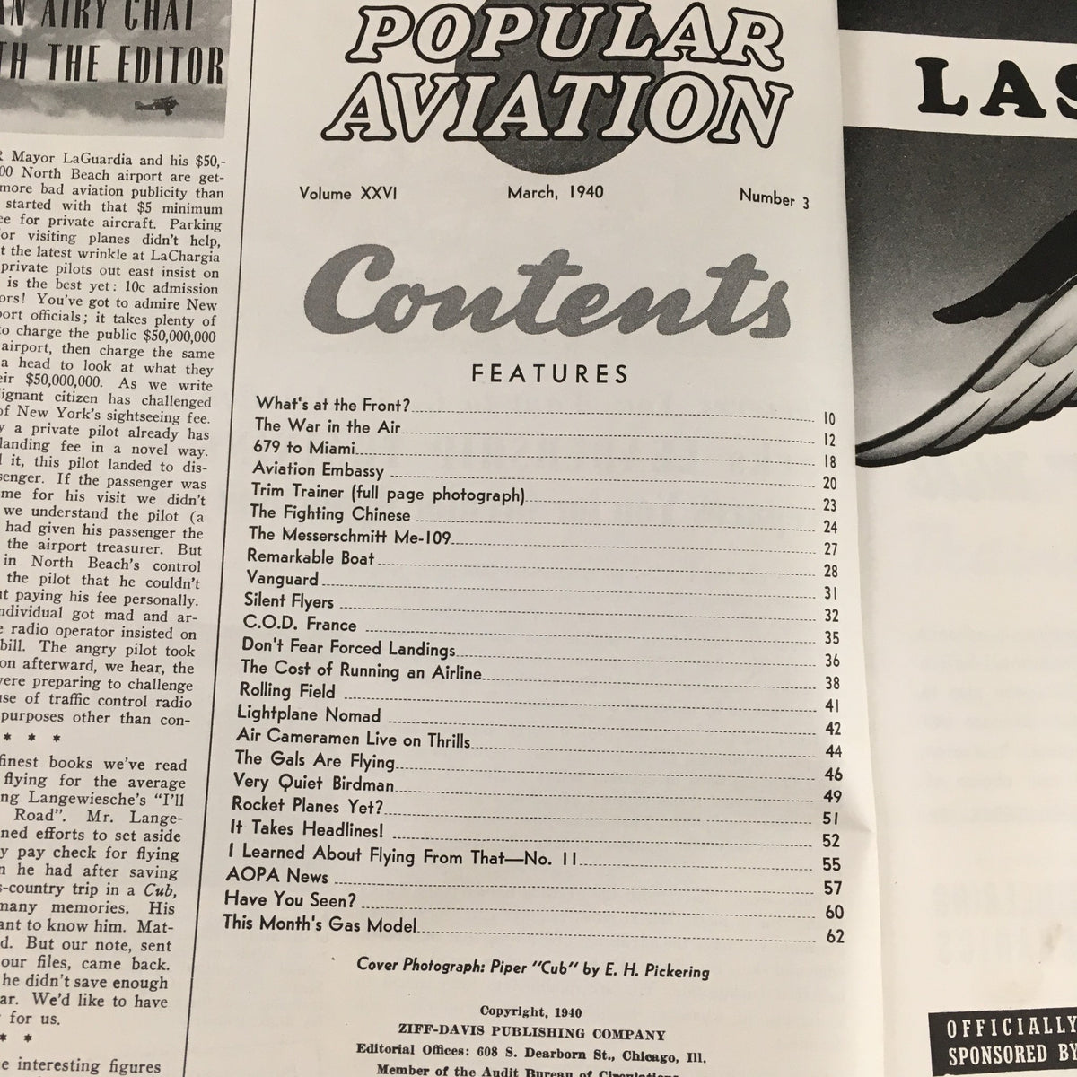 Contents page of Popular Aviation Magazine March 1940 Vol 26 #3, listing articles including The Fighting Chinese and features on aviation history.