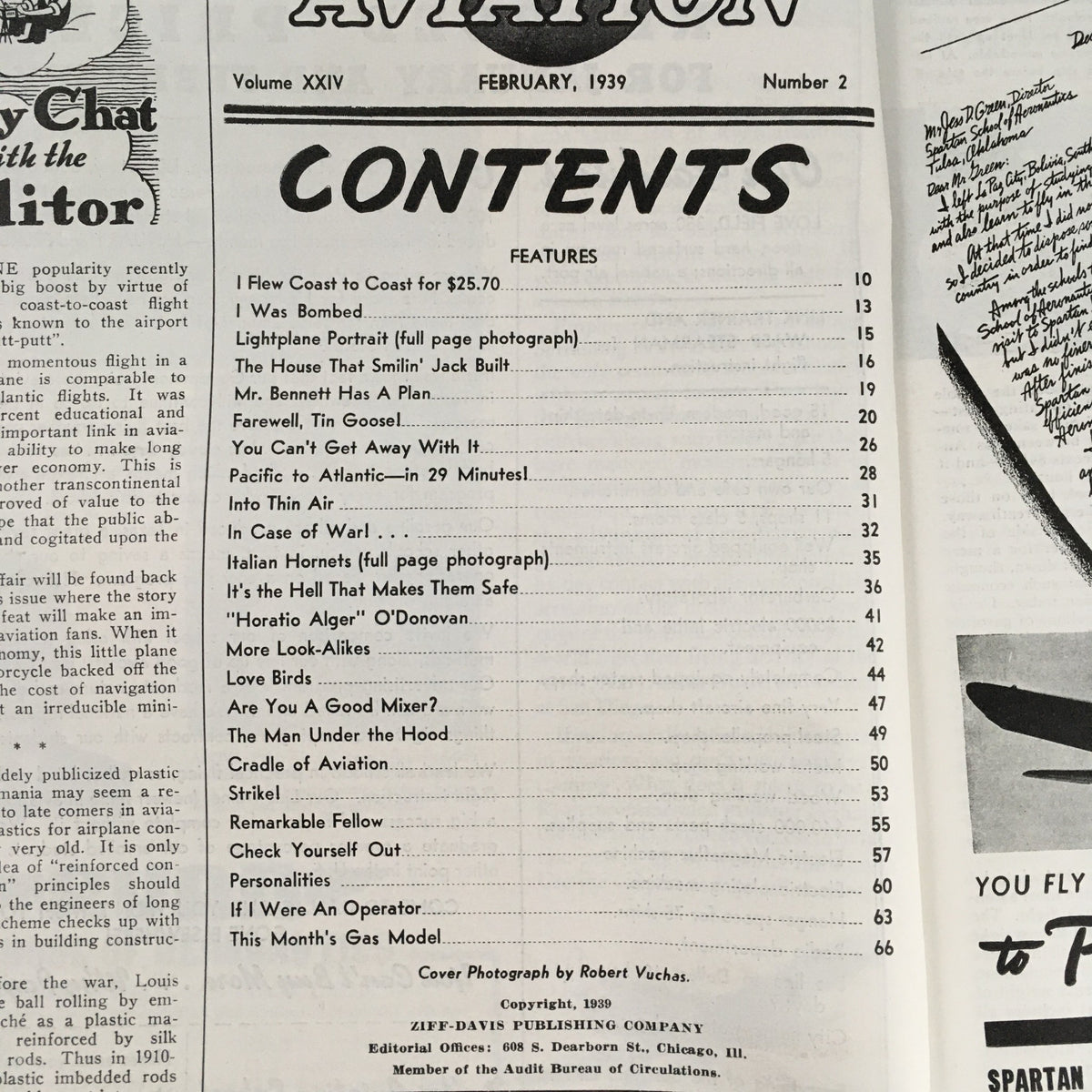 Contents page of Popular Aviation Magazine February 1939 Vol 24 #2 outlining featured articles including 'I Flew Coast to Coast for $25.70' and 'Farewell, Tin Goose'.