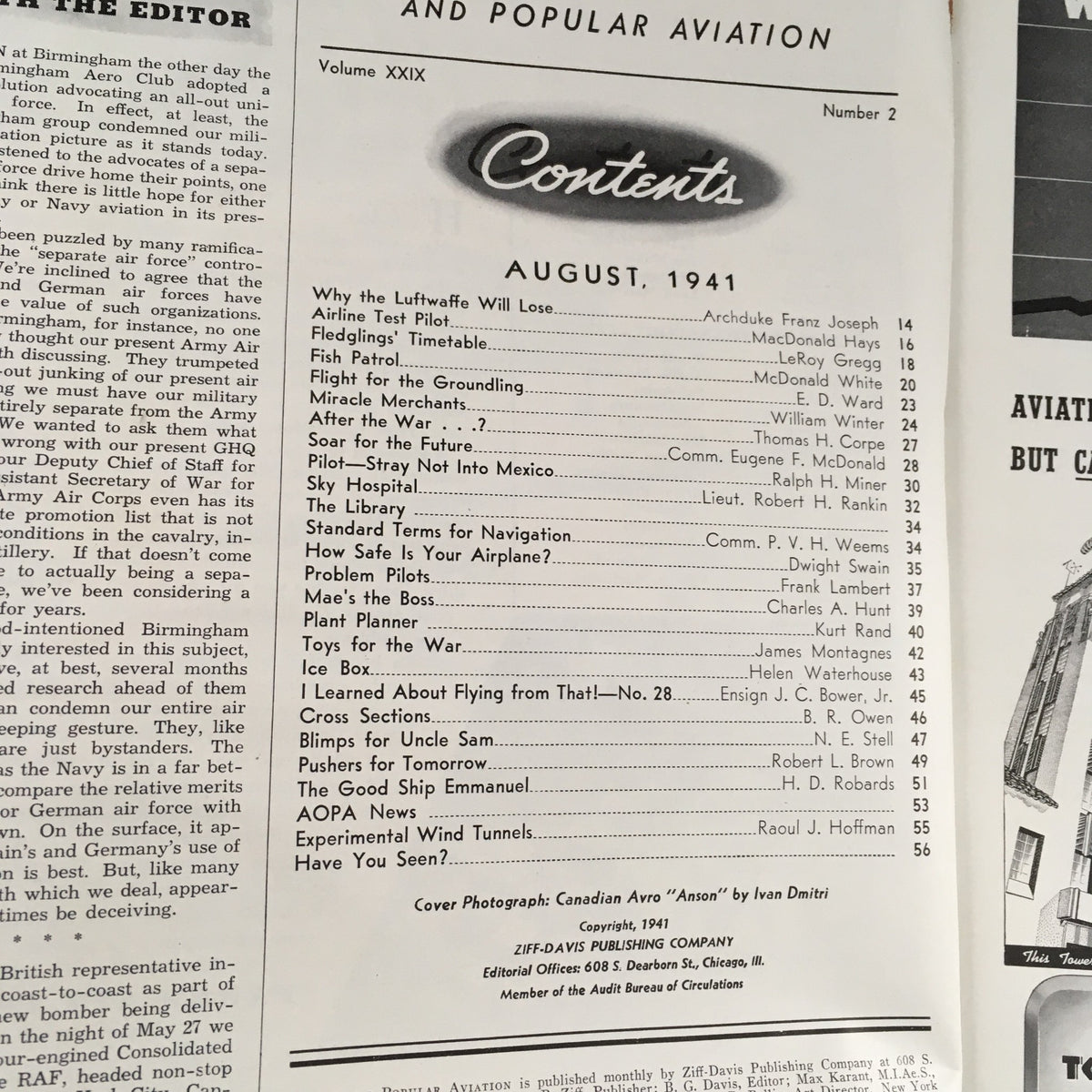 Contents page of Flying & Popular Aviation Magazine, August 1941, Vol 24 #2 detailing articles and features related to aviation history and the Canadian Avro 'Anson' aircraft.