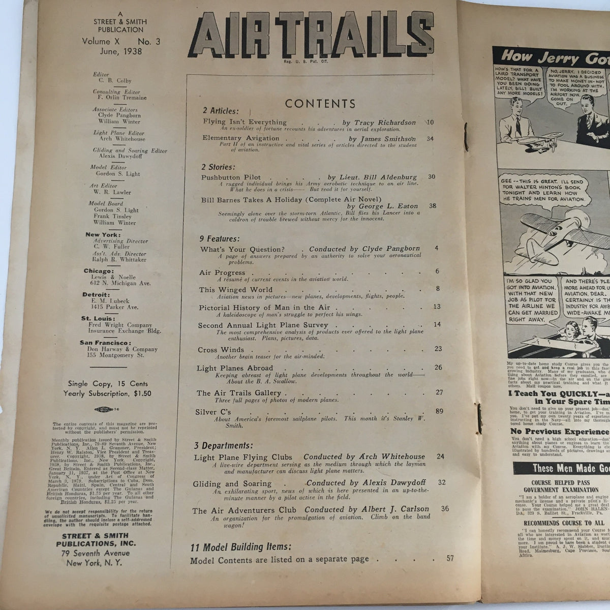 Contents page of Air Trails Magazine June 1938, Volume 10, Issue 3, outlining articles and features including 'Bill Barnes Takes A Holiday' air novel.