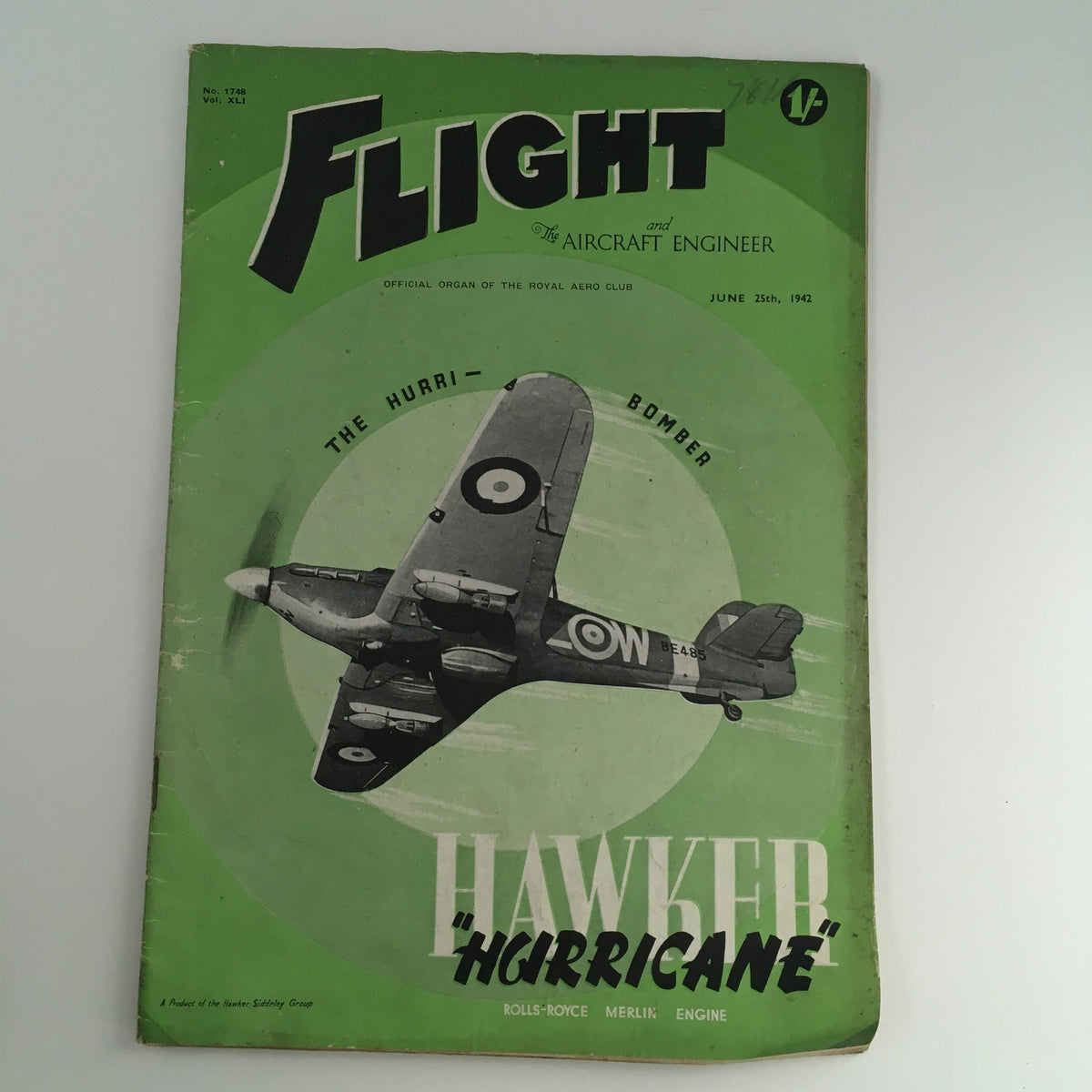 Flight & The Aircraft Engineer Magazine cover dated June 25, 1942, featuring the iconic Hawker Hurricane Bomber in flight.