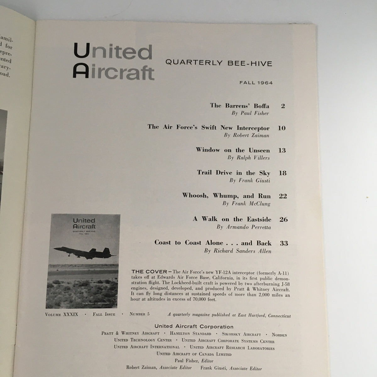 Inside page of United Aircraft Magazine Fall 1964 Vol 39 #5 listing articles including 'The Air Force's Swift New Interceptor', featuring a photograph of the YF-12A.