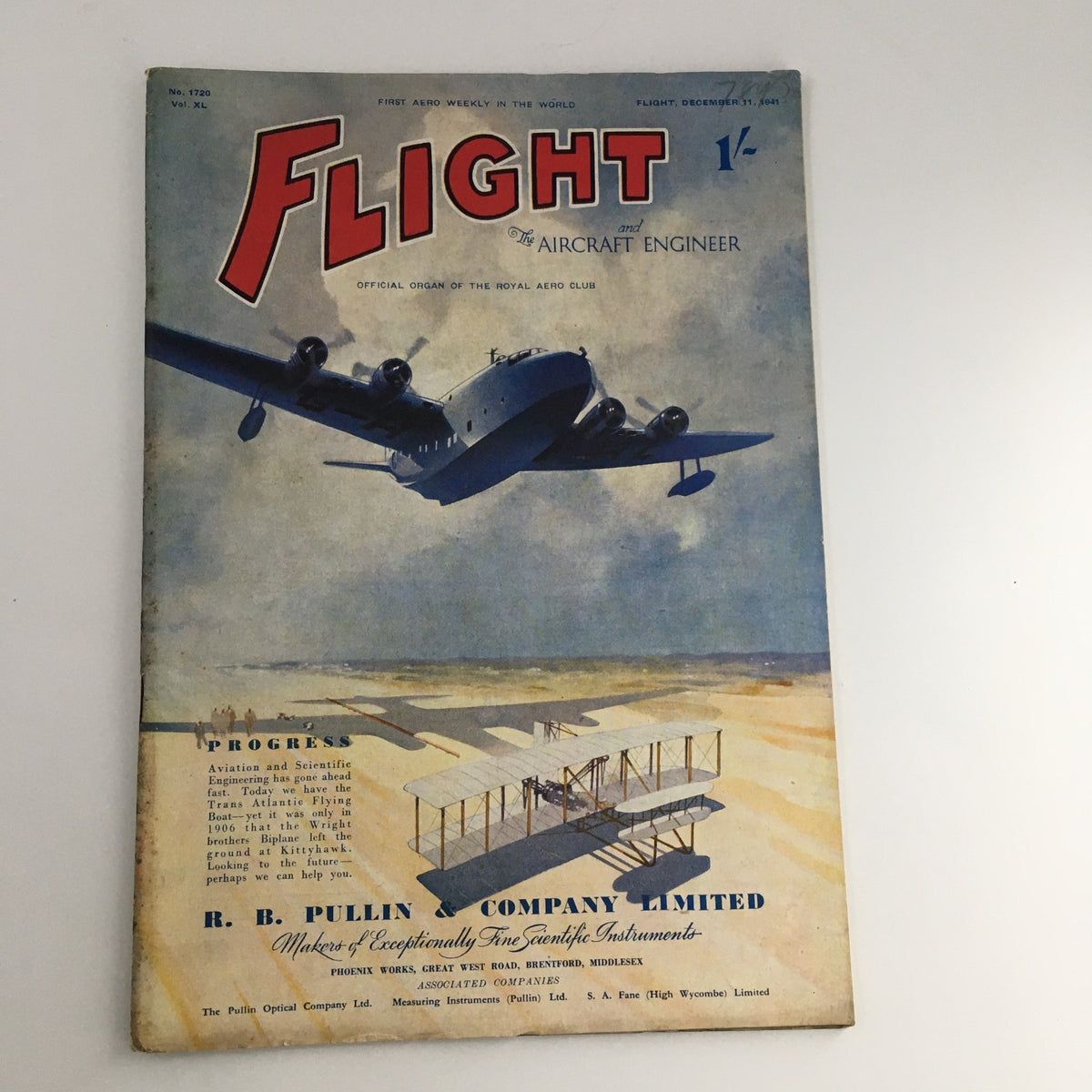 Cover image of Flight & The Aircraft Engineer Magazine from December 11, 1941, featuring a Trans Atlantic Fly Boat in flight against a scenic background, representing significant aviation history.