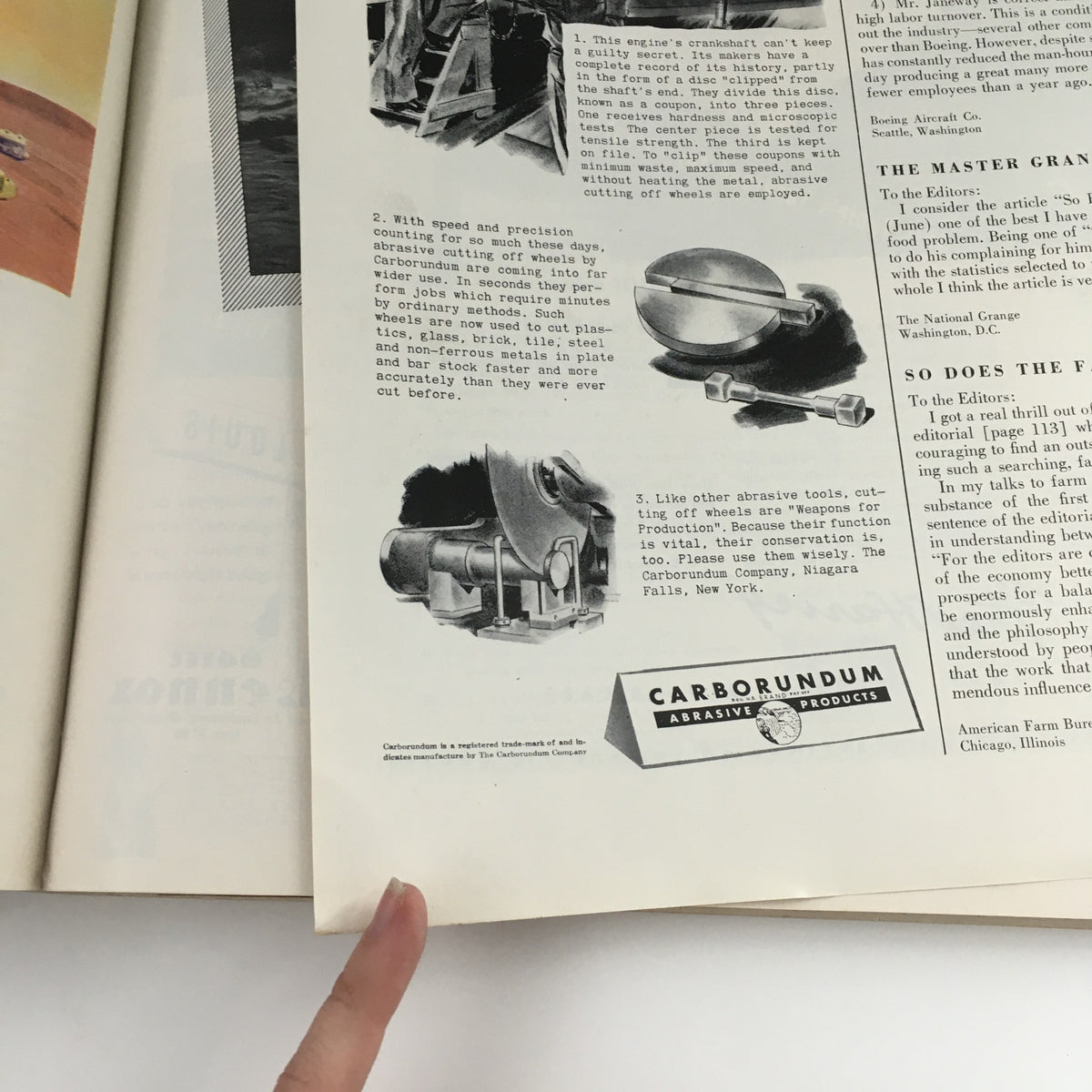 Interior page of VTG Fortune Magazine September 1943, showcasing advertisements for abrasive products and machinery relevant to World War II production.