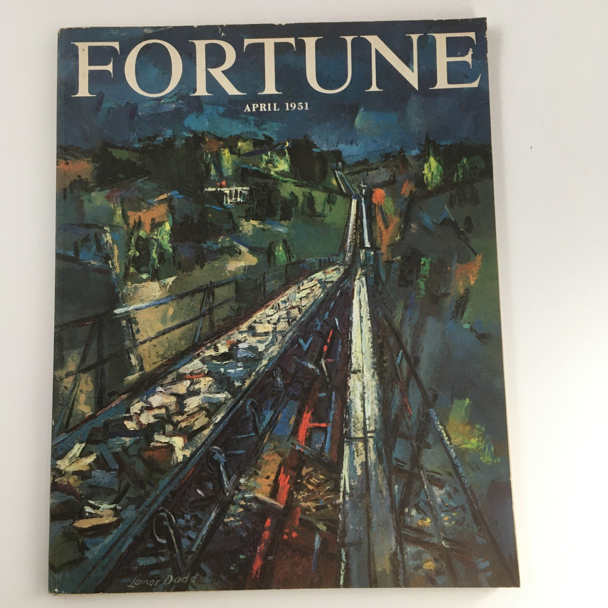 Cover of the April 1951 issue of Fortune Magazine, featuring a vibrant painting of a conveyor belt landscape, showcasing the magazine's focus on Soviet stories and naval stores.