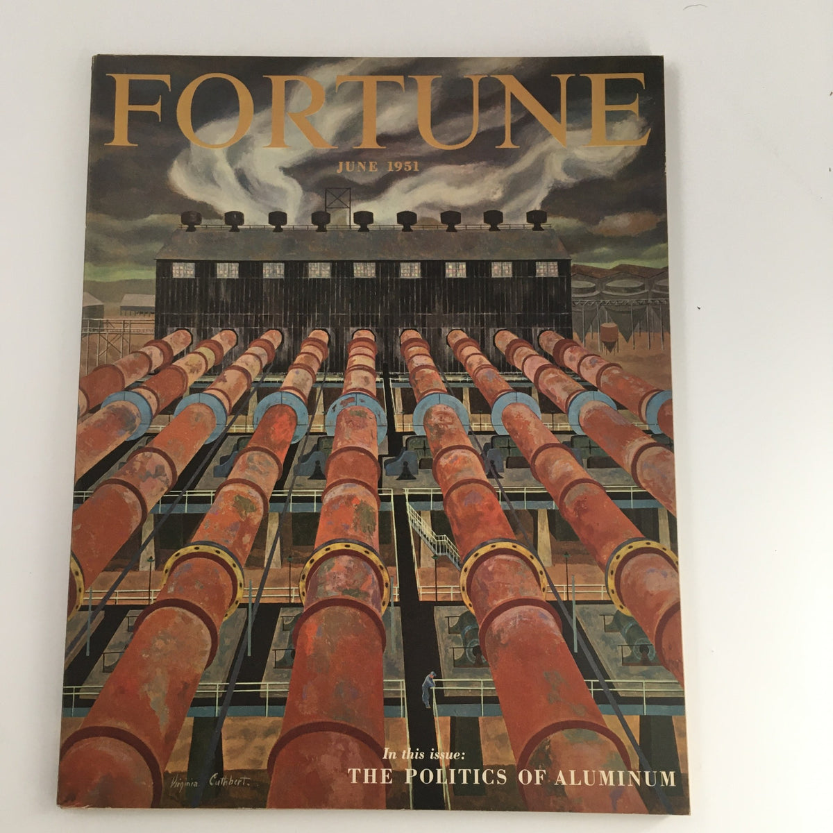 Cover of VTG Fortune Magazine June 1951 featuring the title 'The Politics of Aluminum' with a striking illustration of industrial pipes and a factory setting, highlighting the significance of aluminum in mid-20th century industry.