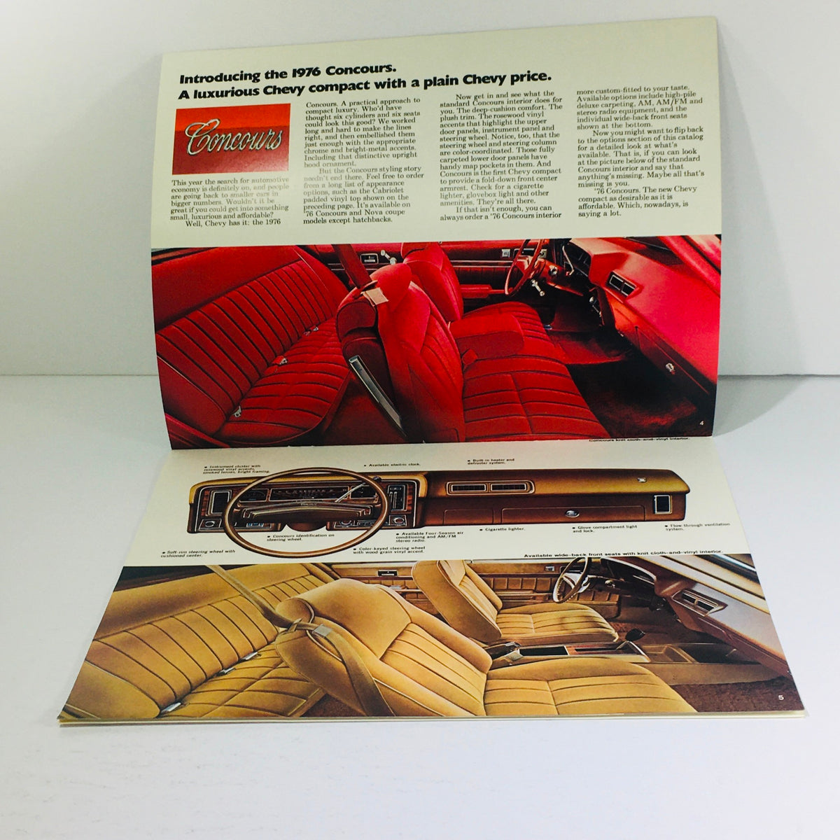 Inside view of the 1976 Chevrolet Concours & Nova Dealership Car Auto Brochure Catalog showcasing the luxurious red and beige interior of the 1976 Chevrolet Concours.