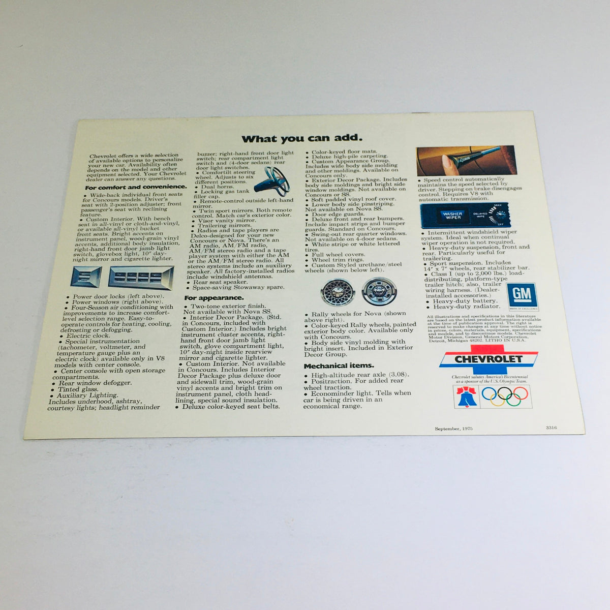Back page of the 1976 Chevrolet Concours & Nova Dealership Car Auto Brochure Catalog listing additional features and upgrades available for the Chevrolet models.