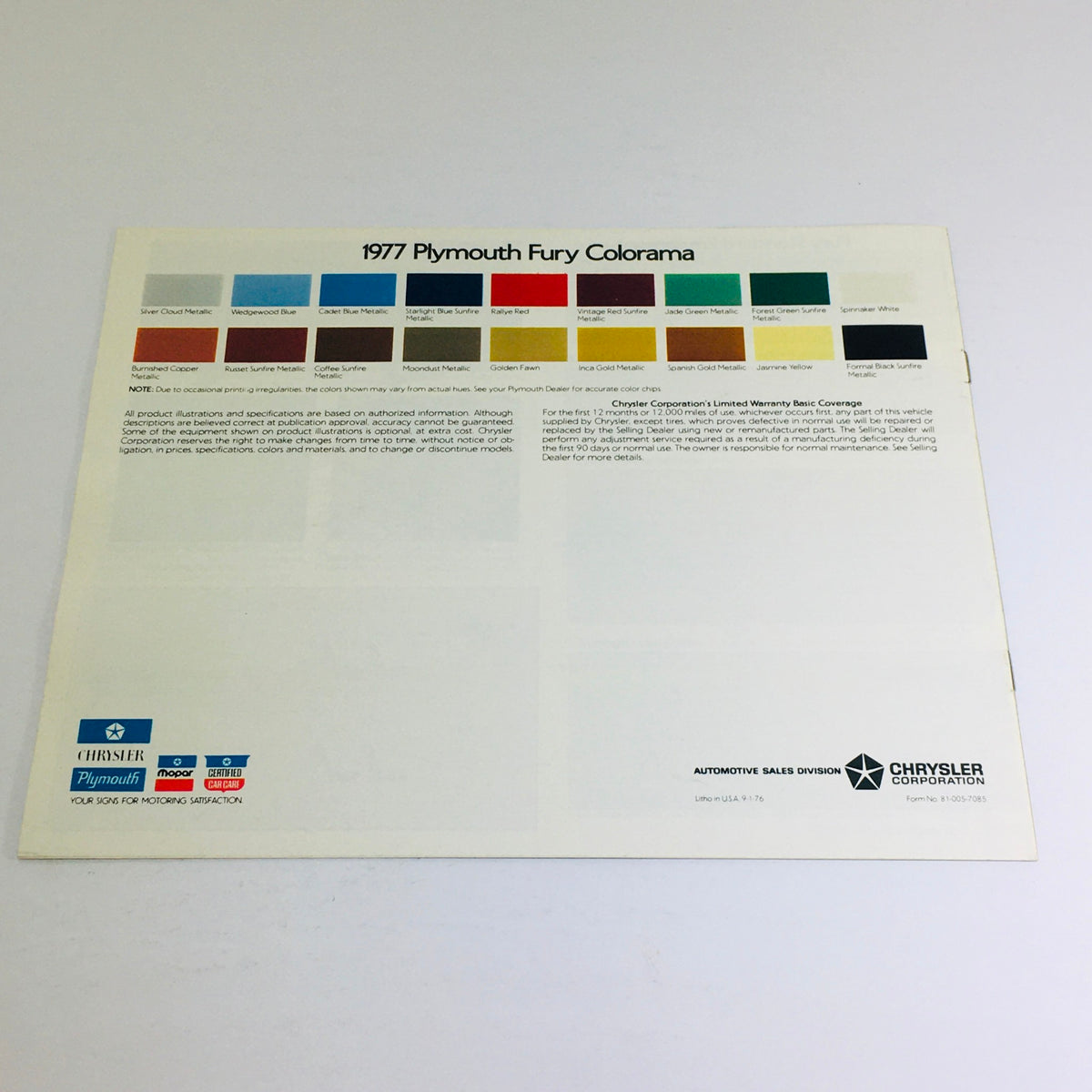 1977 Plymouth Fury Sport-Salon-Fury Dealership Car Auto Brochure color chart displaying various color options available for the 1977 Plymouth Fury.