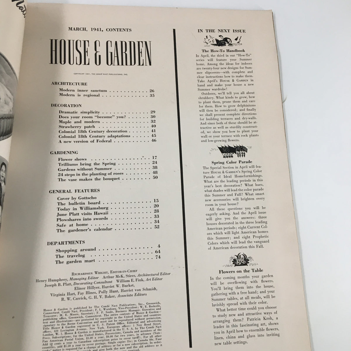 Table of contents page from VTG House & Garden Magazine March 1941, outlining various topics including architecture, decoration, and gardening features.