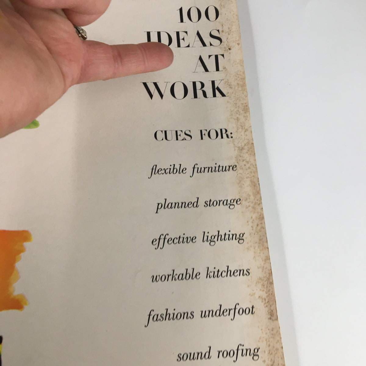 Contents page of the VTG House & Garden Magazine April 1950, highlighting the section '100 Ideas at Work' with various design cues.