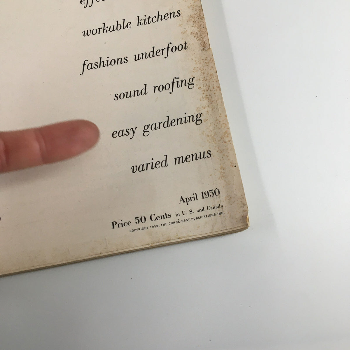 Another contents page image of the VTG House & Garden Magazine April 1950, listing additional themes like 'easy gardening' and 'varied menus.'