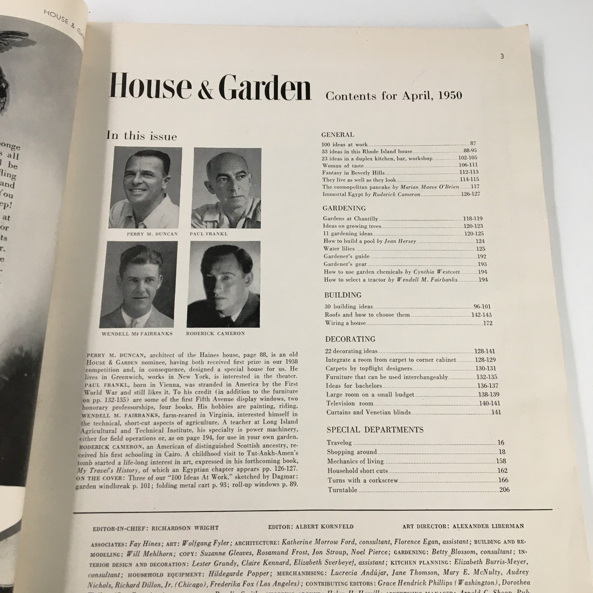 Contents page of the VTG House & Garden Magazine April 1950, featuring profiles of contributors and a detailed table of contents.