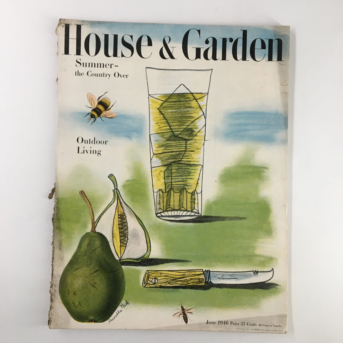 VTG House & Garden Magazine June 1946 Summer the Country Over cover featuring outdoor living illustrations with a glass, pear, and knife.