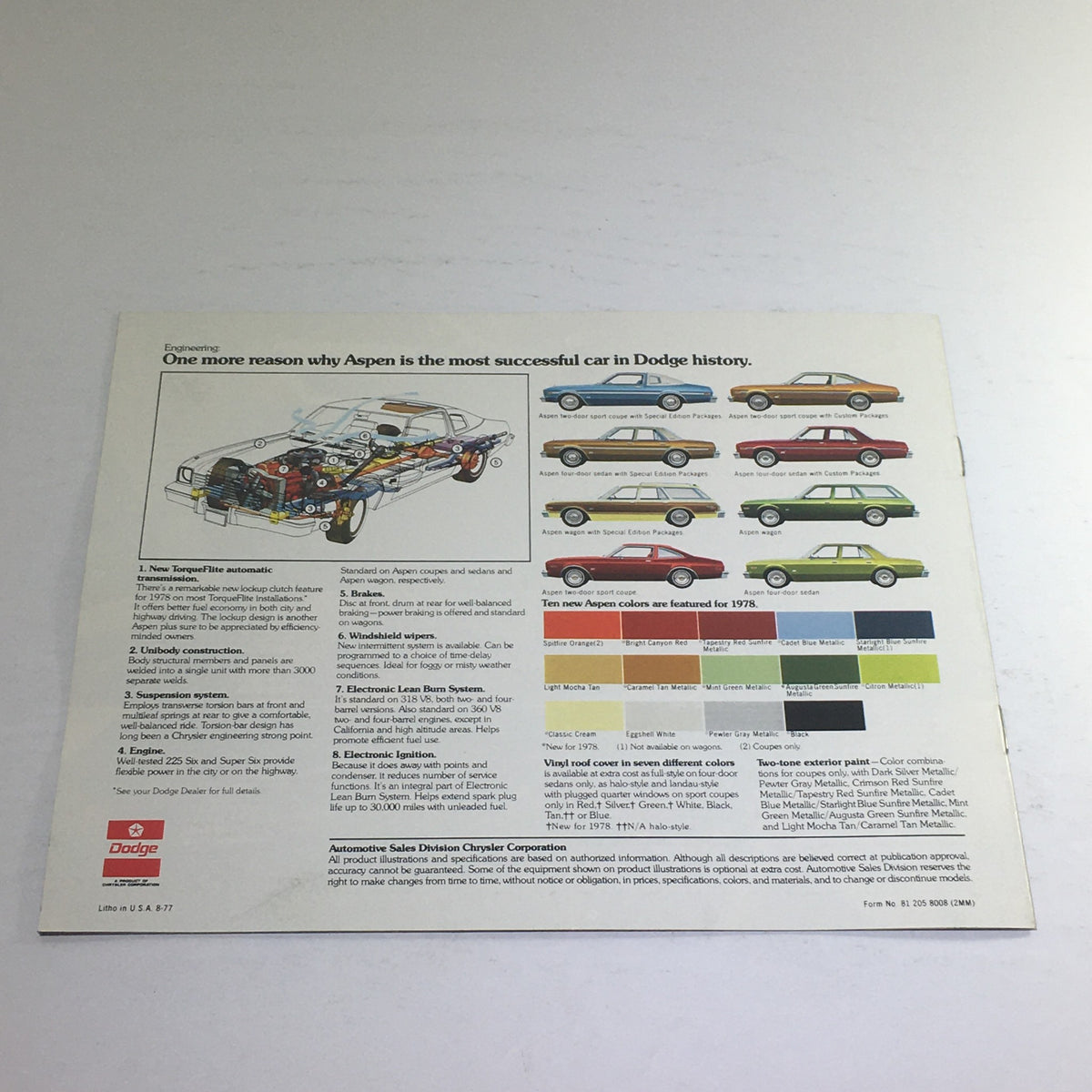 1978 Dodge Aspen Special Edition Paint Dealership Car Auto Brochure Catalog displaying the detailed specifications, features, and color options for the Dodge Aspen.