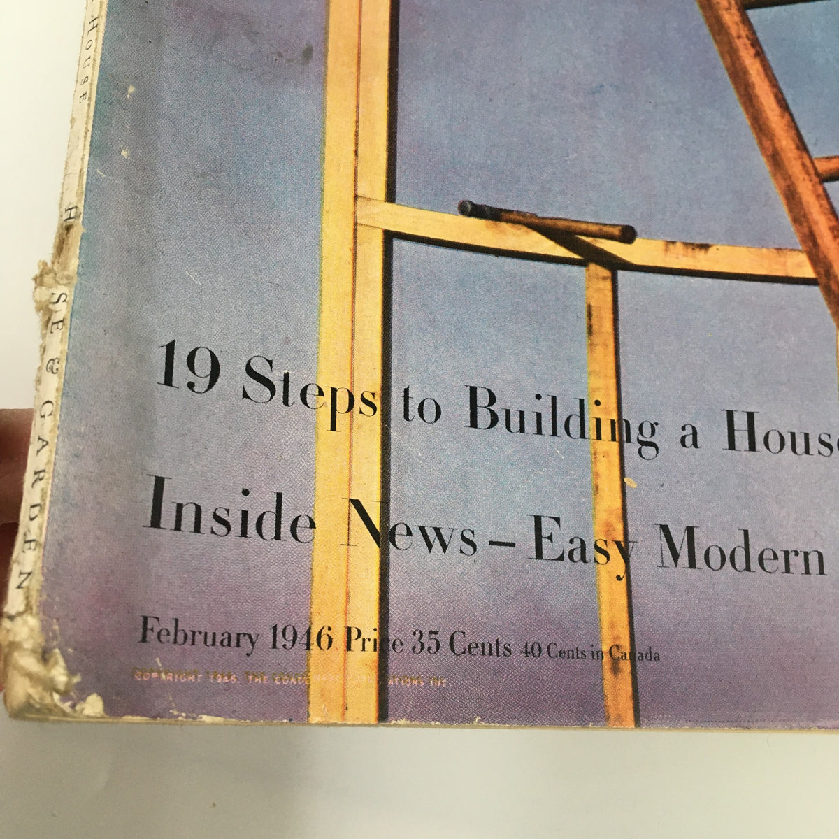 Cover of VTG House & Garden Magazine February 1946 showcasing the feature '19 Steps to Building a House' with vintage design elements.