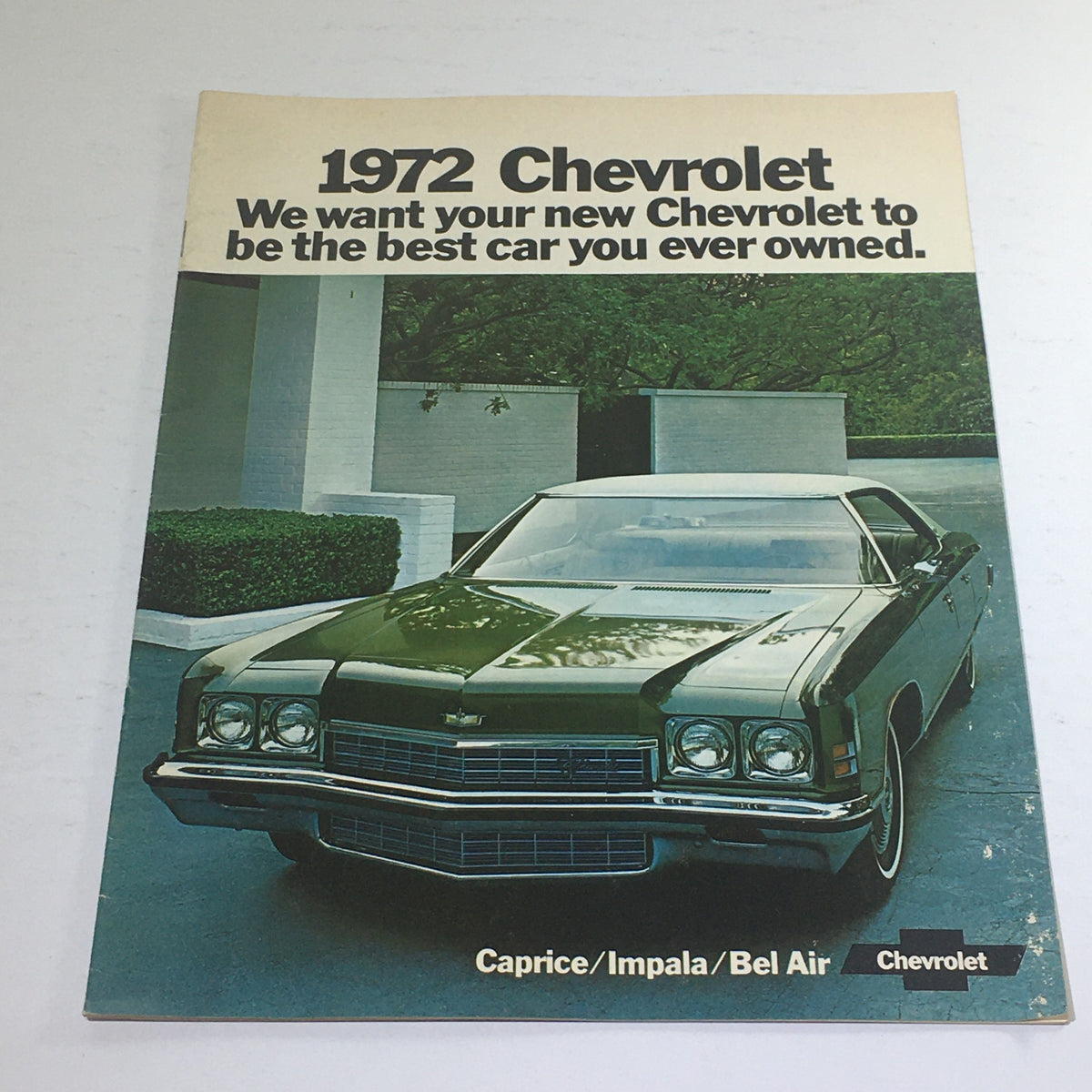1972 Chevrolet Caprice/Impala/Bel Air List Dealership Car Auto Brochure Catalog featuring a classic green Chevrolet parked in front of a modern building.