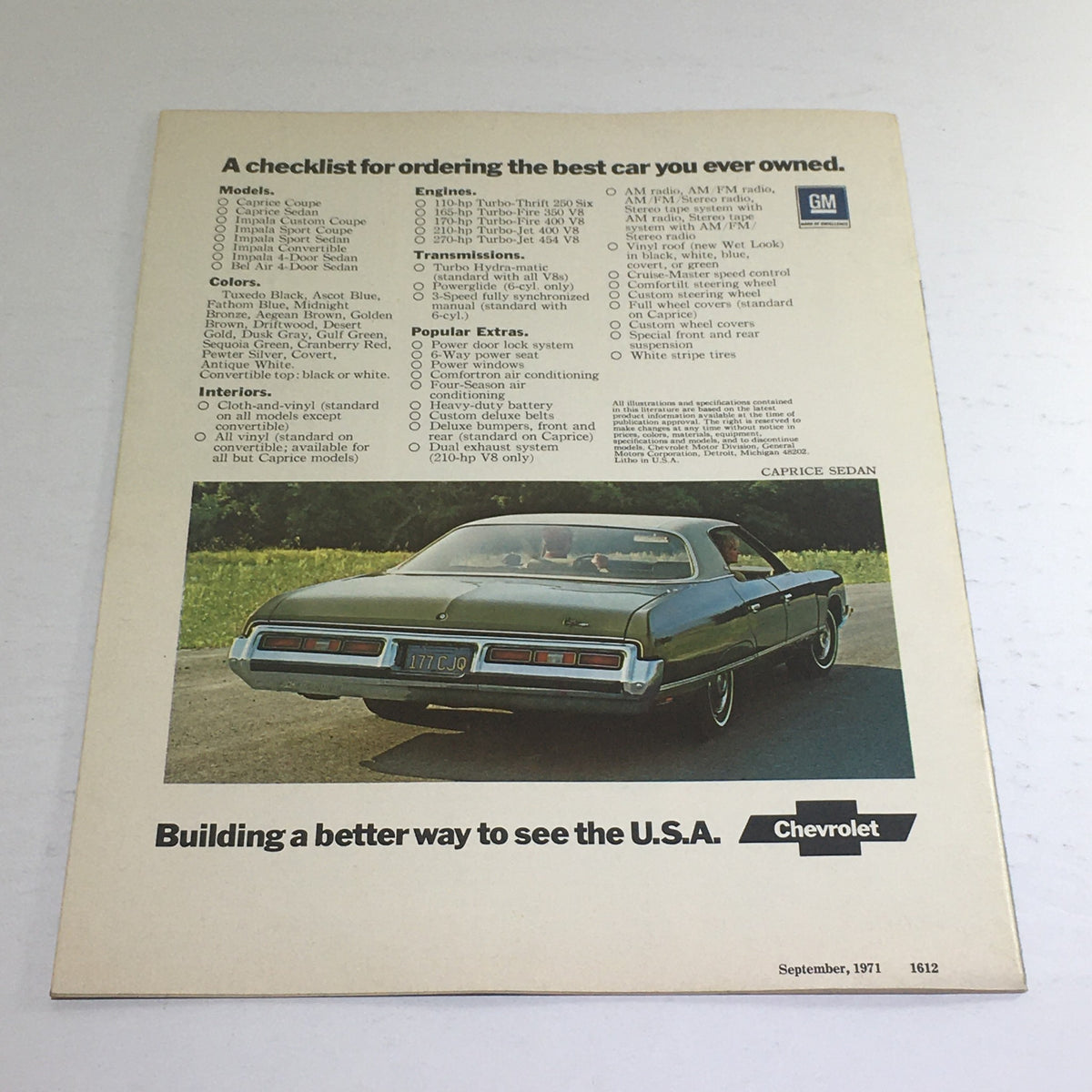1972 Chevrolet Caprice/Impala/Bel Air List Dealership Car Auto Brochure Catalog showcasing a checklist for ordering the best car, featuring a Caprice Sedan from the rear on a road, highlighting options like engines, transmissions, and popular extras.