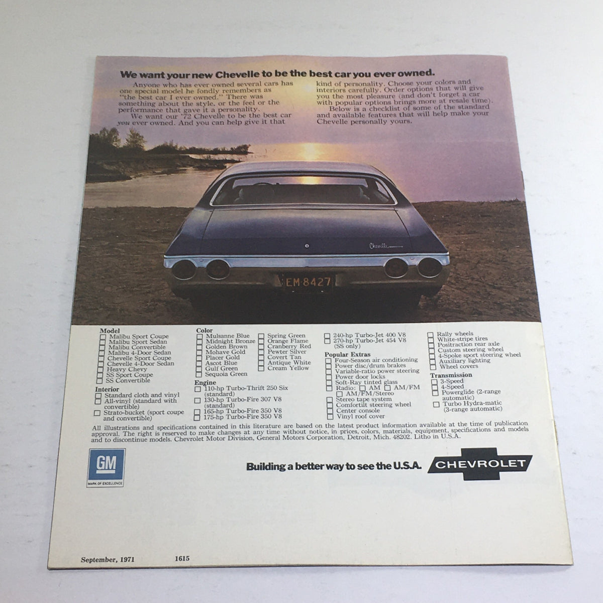 1972 Chevrolet Malibu/Chevelle/Chevy/SS Dealership Car Auto Brochure Catalog back cover with a view of the rear of a blue 1972 Chevelle beside a serene lake at sunset.