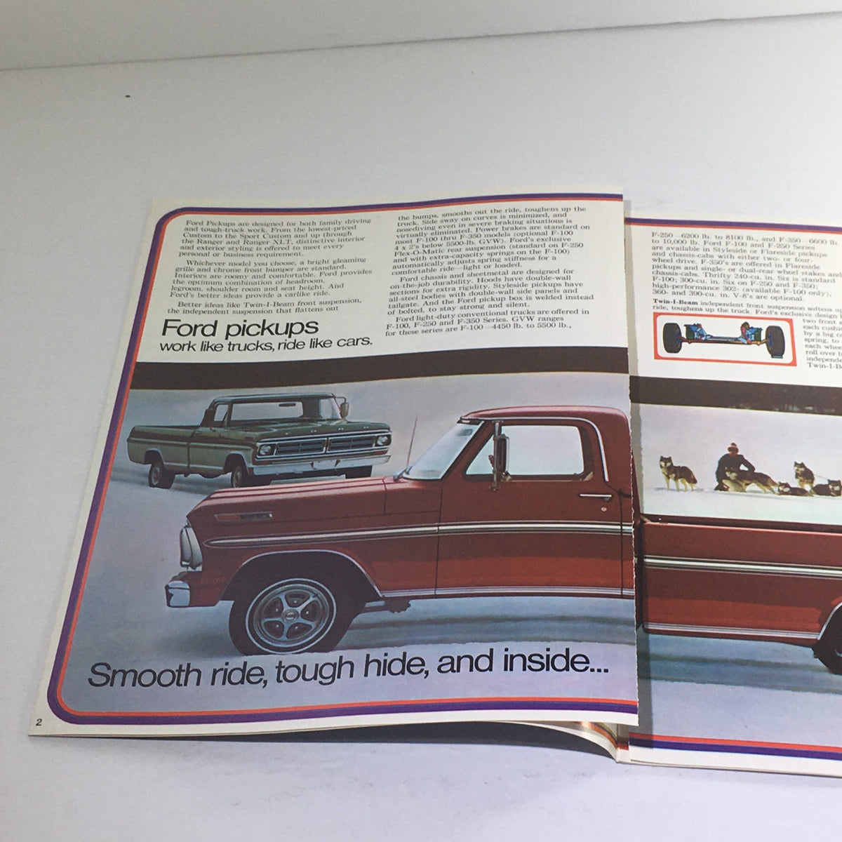 Interior page of the 1972 Ford Pickups Colors & Combination Dealership Car Auto Brochure Catalog detailing features of Ford pickups alongside images of various trucks.