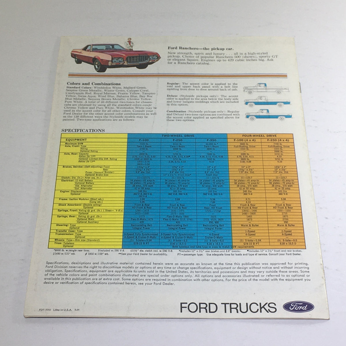 Specifications page from the 1972 Ford Pickups Colors & Combination Dealership Car Auto Brochure Catalog outlining different models and features of Ford trucks.