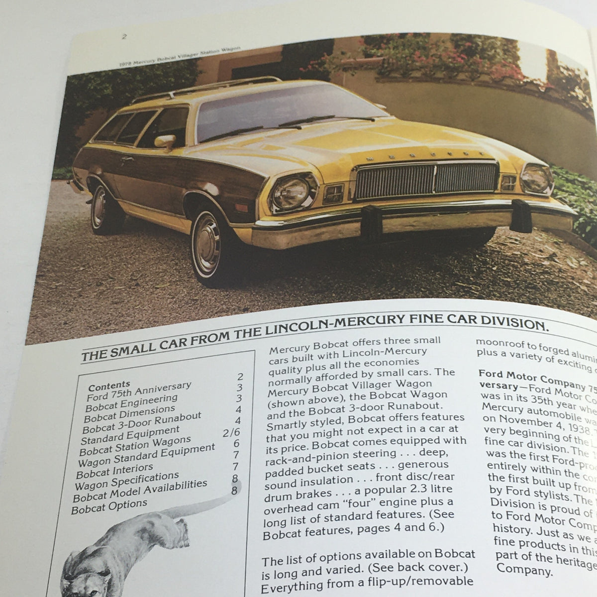 Interior page of the 1978 Lincoln-Mercury Bobcat brochure featuring a yellow Mercury Bobcat Villager Station Wagon and details about the car.