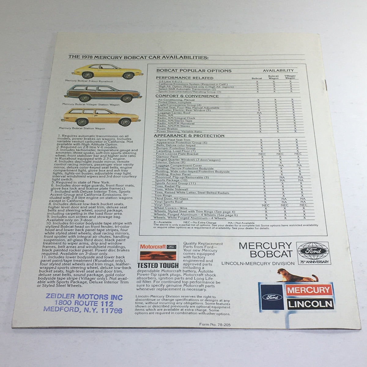 Back page of the 1978 Lincoln-Mercury Bobcat brochure illustrating available options and specifications for the Mercury Bobcat models.