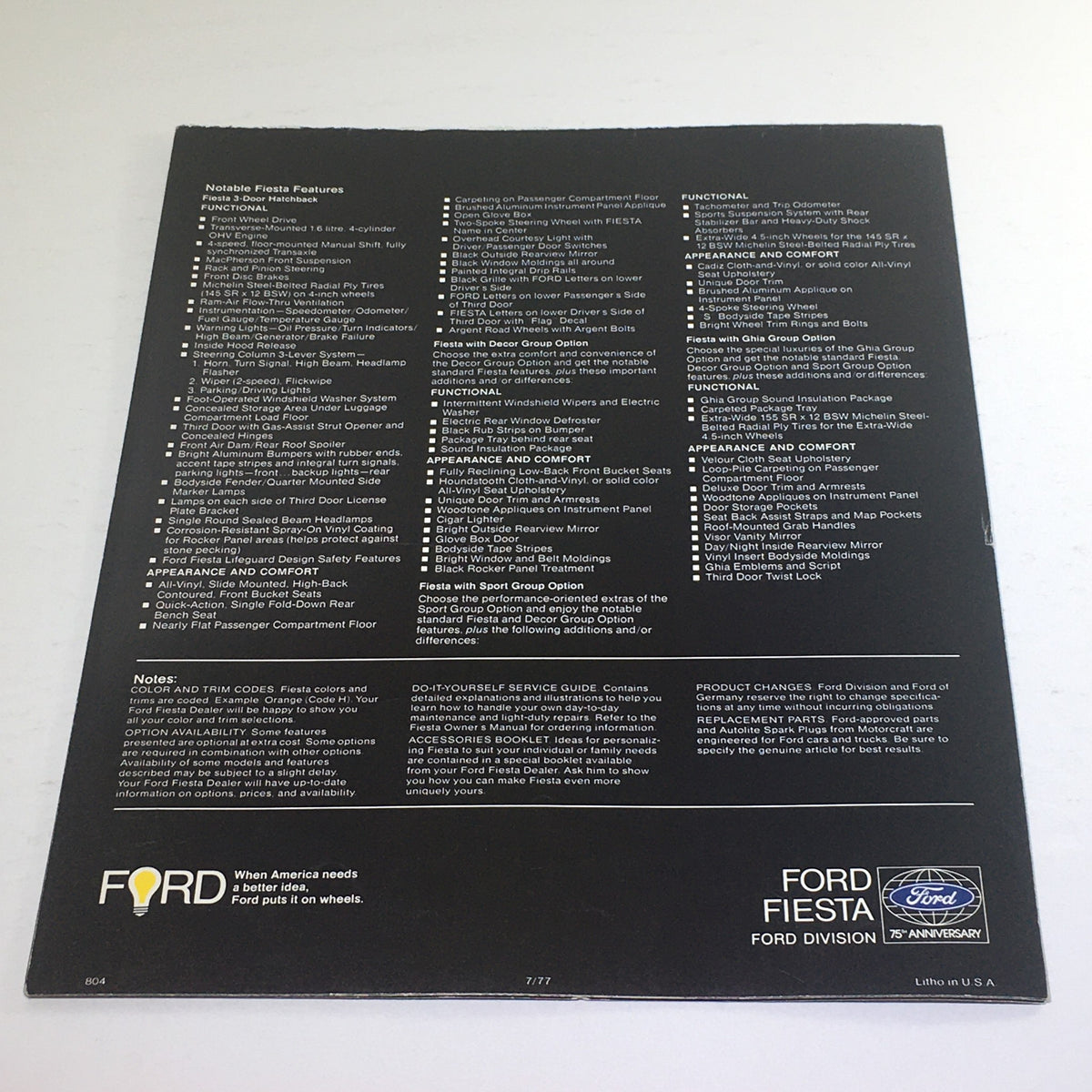 Back cover of the 1976 Ford Fiesta 3-Door Hatchback Dealership Car Auto Brochure Catalog showcasing detailed features and specifications.