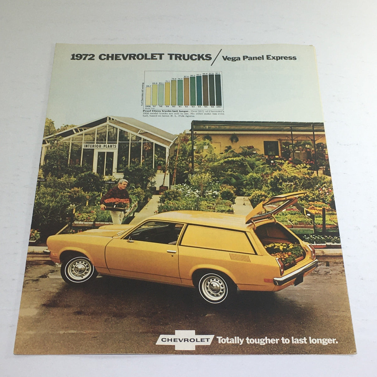 1972 Chevrolet Trucks Vega Panel Express Dealership Car Auto Brochure Catalog featuring a yellow Vega Panel Express parked in front of a dealership with vibrant landscaping, showcasing the car's unique design and brochure details.