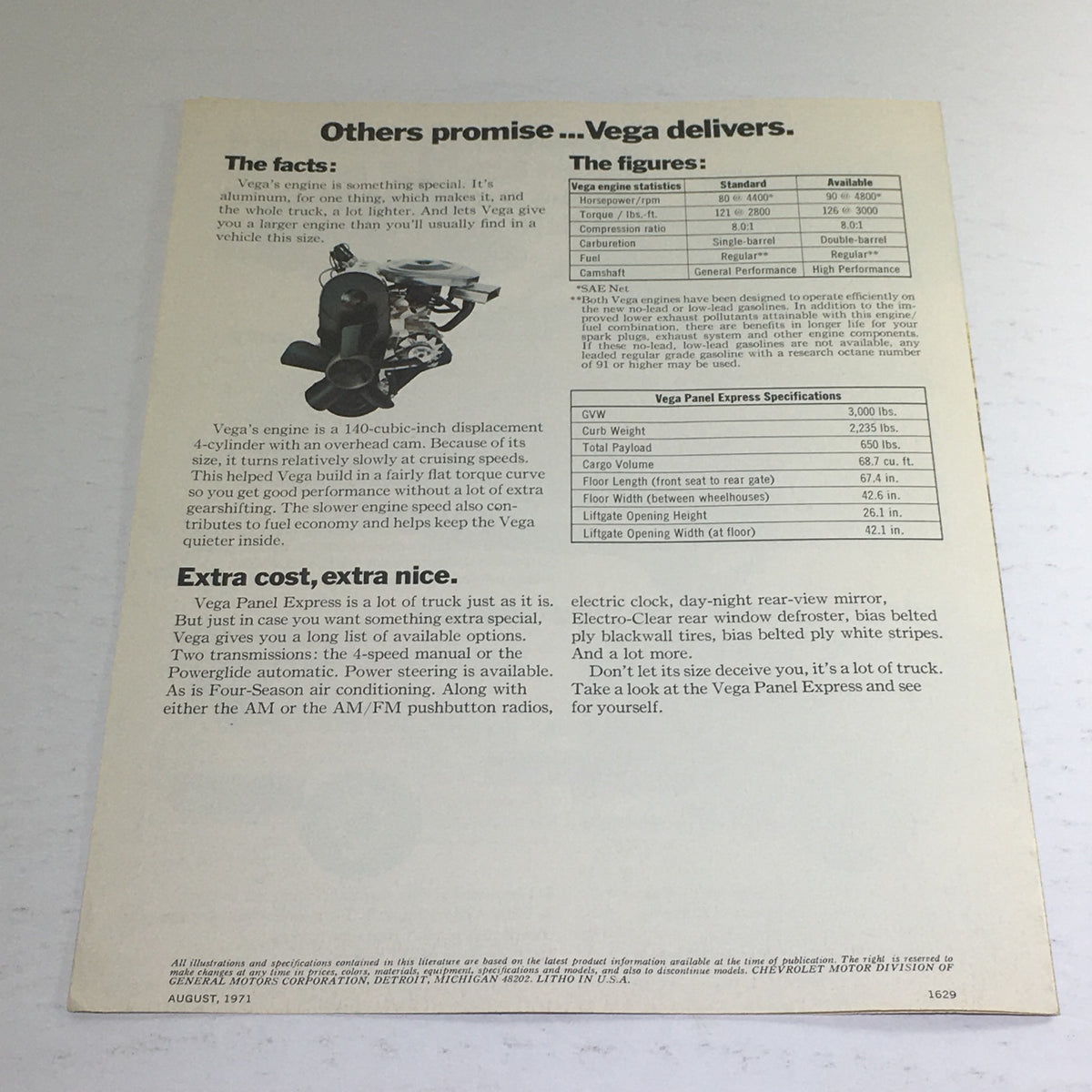 1972 Chevrolet Trucks Vega Panel Express Dealership Car Auto Brochure Catalog featuring details about the Vega's engine and specifications, with a focus on performance and features.