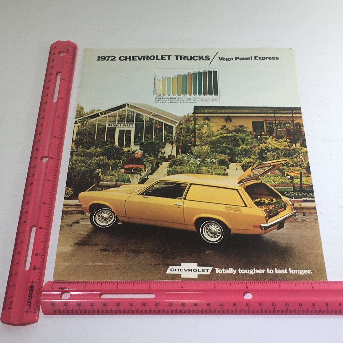 1972 Chevrolet Trucks Vega Panel Express Dealership Car Auto Brochure Catalog highlighting the yellow Vega Panel Express parked in front of a garden, emphasizing style and practicality.