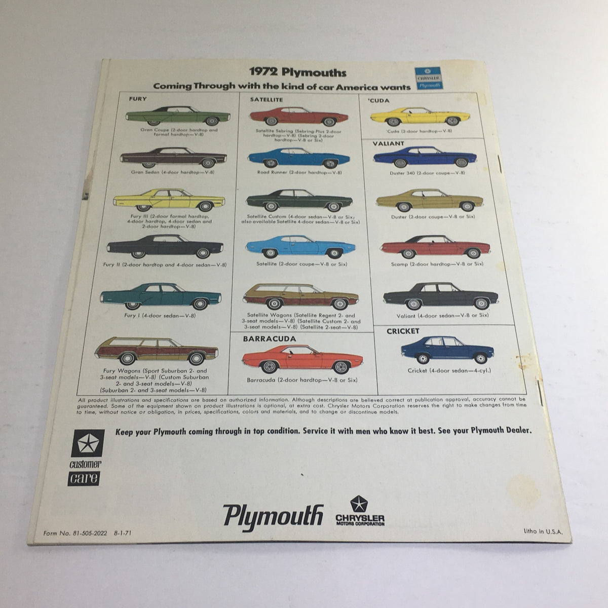 Back cover of the 1972 Plymouth-Chrysler Fury Gran Coupe dealership brochure listing various Plymouth models and specifications.