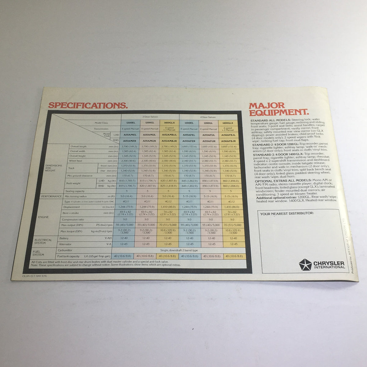 1979 Chrysler-Mitsubishi Colt 2-Door/4-Door Dealership Car Auto Brochure Catalog displaying a specifications page detailing the car's dimensions, performance, engine, and fuel system.