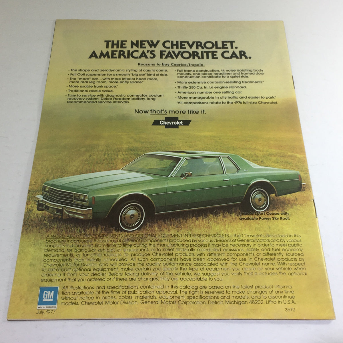 Back cover of the 1978 Chevrolet Caprice Classic Impala Dealership Car Auto Brochure Catalog highlighting features of the Chevrolet Caprice and Impala with a green Caprice parked in a field.