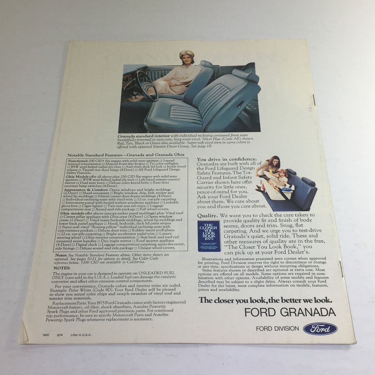 Page from the 1975 Ford Granada Ghia Sedan brochure highlighting standard features and interior design, featuring a woman sitting in the car.