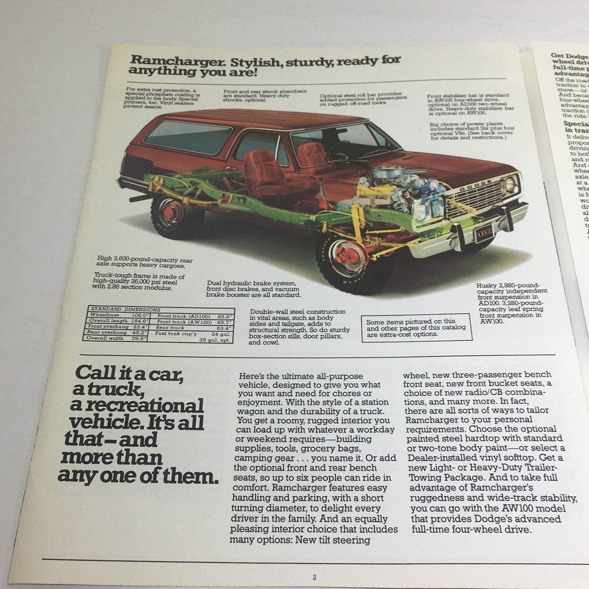 Interior page of the 1978 Dodge Ramcharger brochure showcasing a detailed cutaway diagram of the truck and its features.