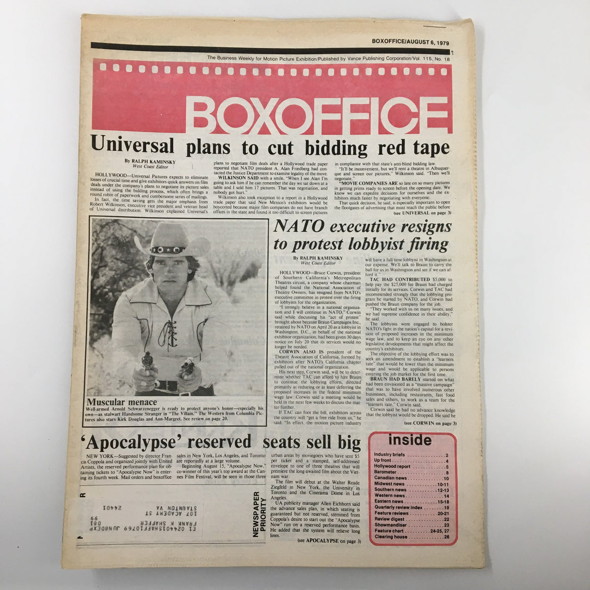 Cover of Box Office Magazine August 6, 1979 featuring Arnold Schwarzenegger, labeled 'Muscular Menace', showcasing articles on Hollywood cinema and industry trends from that era.