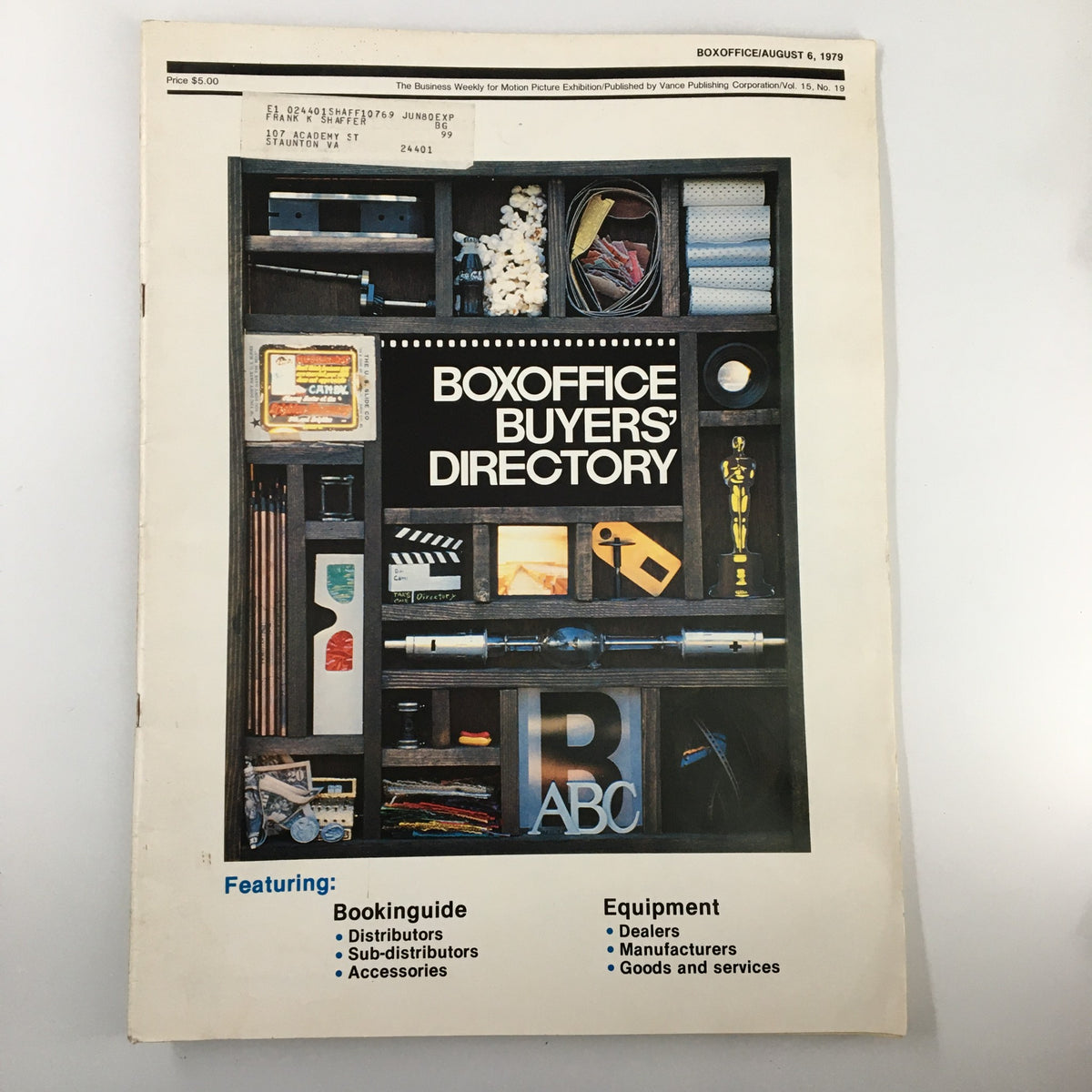 Cover of Box Office Magazine August 6 1979 featuring the Buyers' Directory with illustrations of film equipment and accessories, a must-have for film industry collectors.