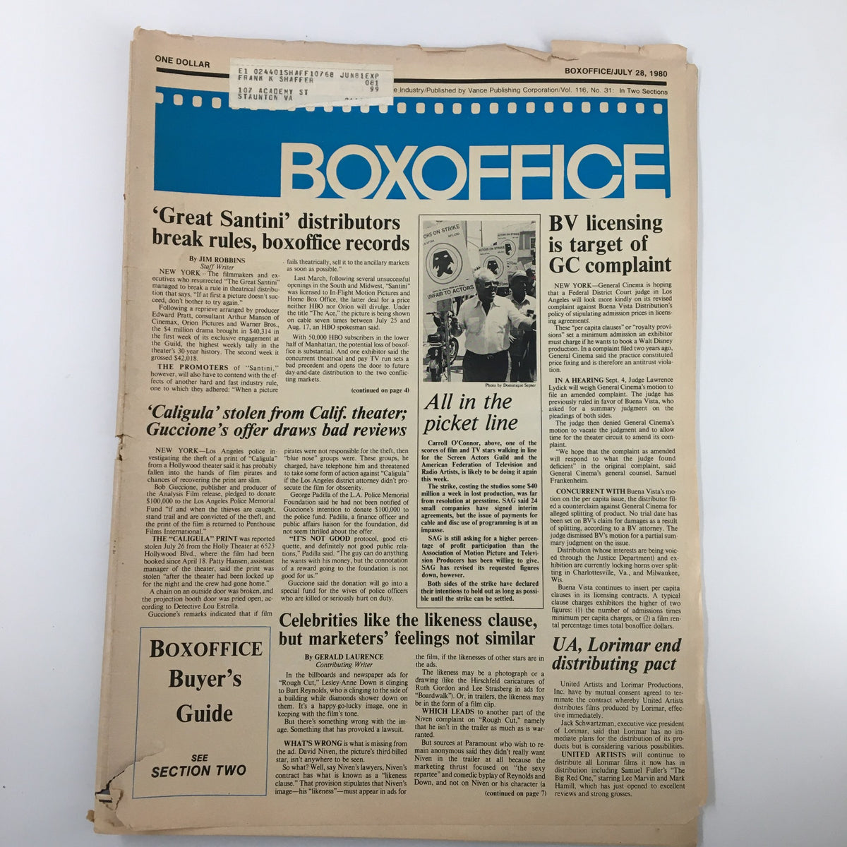Box Office Magazine July 28, 1980 featuring Carroll O'Connor on the cover, highlighting major entertainment industry news, including an article on actor protests.