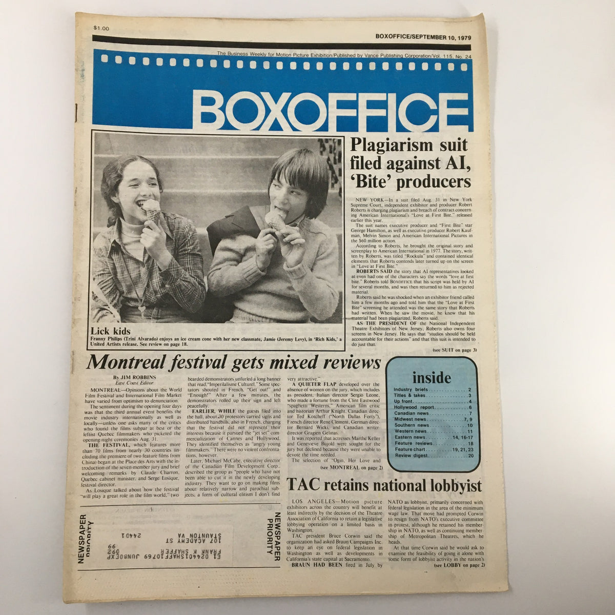 Cover of Box Office Magazine from September 10, 1979. An article highlights a plagiarism suit filed against AI and 'Bite' producers. The image features two children enjoying ice cream, reflecting Hollywood's cultural landscape in the late 1970s.