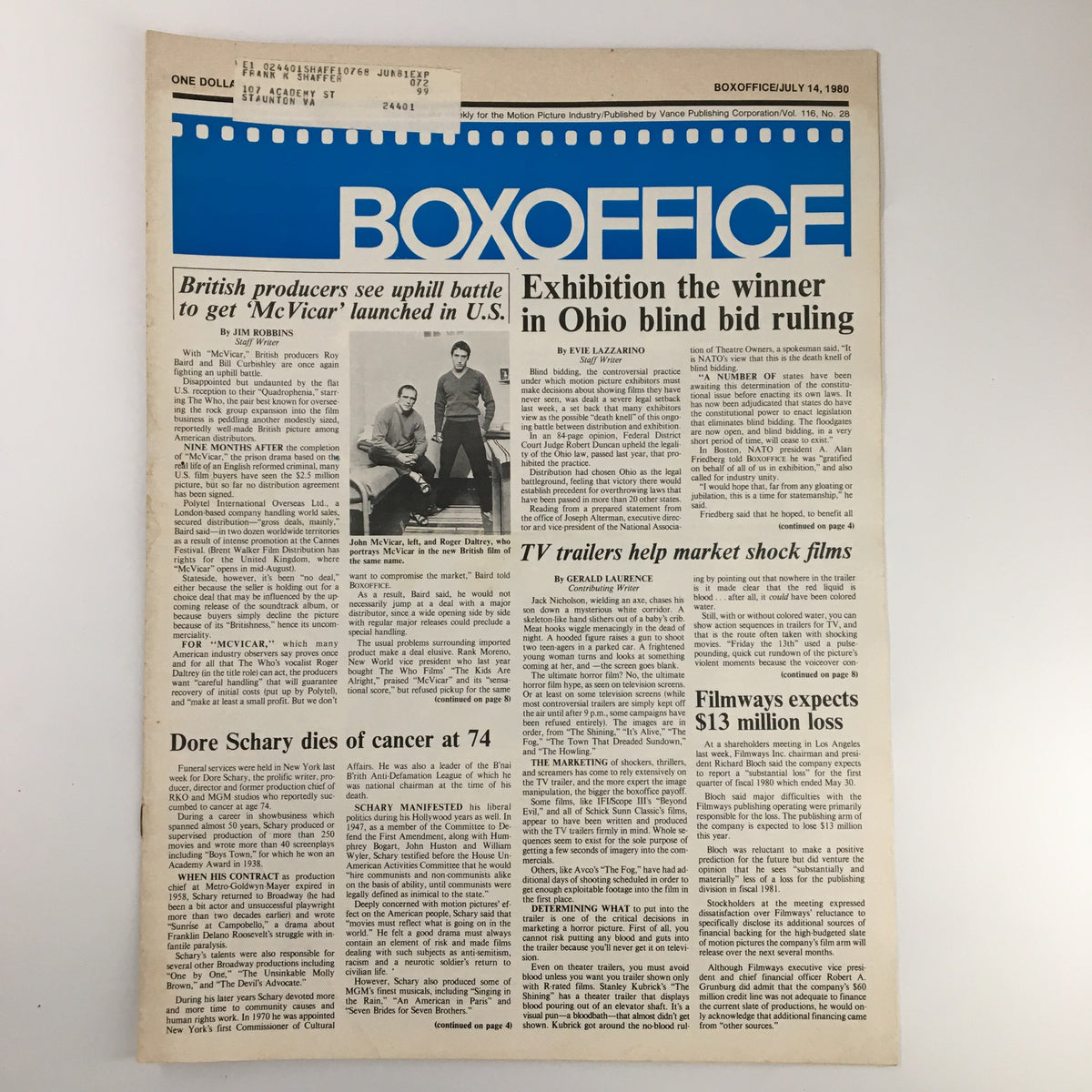 Box Office Magazine cover from July 14, 1980 featuring John McVicar and Roger Daltrey, focusing on British film industry challenges and news of the time.