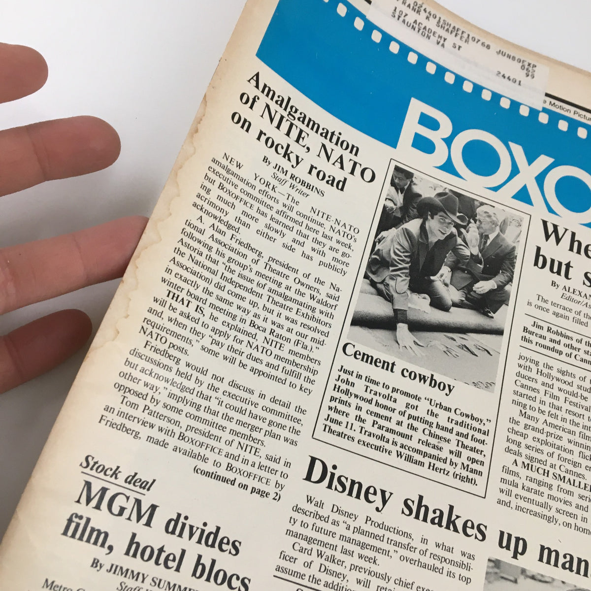 Close-up of the Box Office Magazine June 9 1980 showcasing the headline 'Amalgamation of NITE, NATO on rocky road', with images and text about cinema industry dynamics during the time.