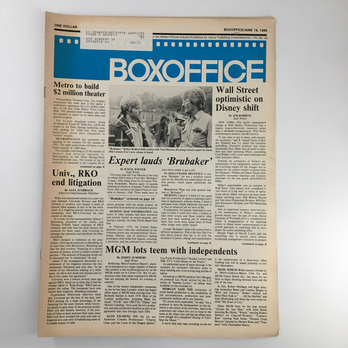 Cover of Box Office Magazine dated June 14, 1980, featuring Robert Redford and Tom Murton in the film 'Brubaker'. The magazine highlights themes in the film, with articles and news related to Hollywood during this era.