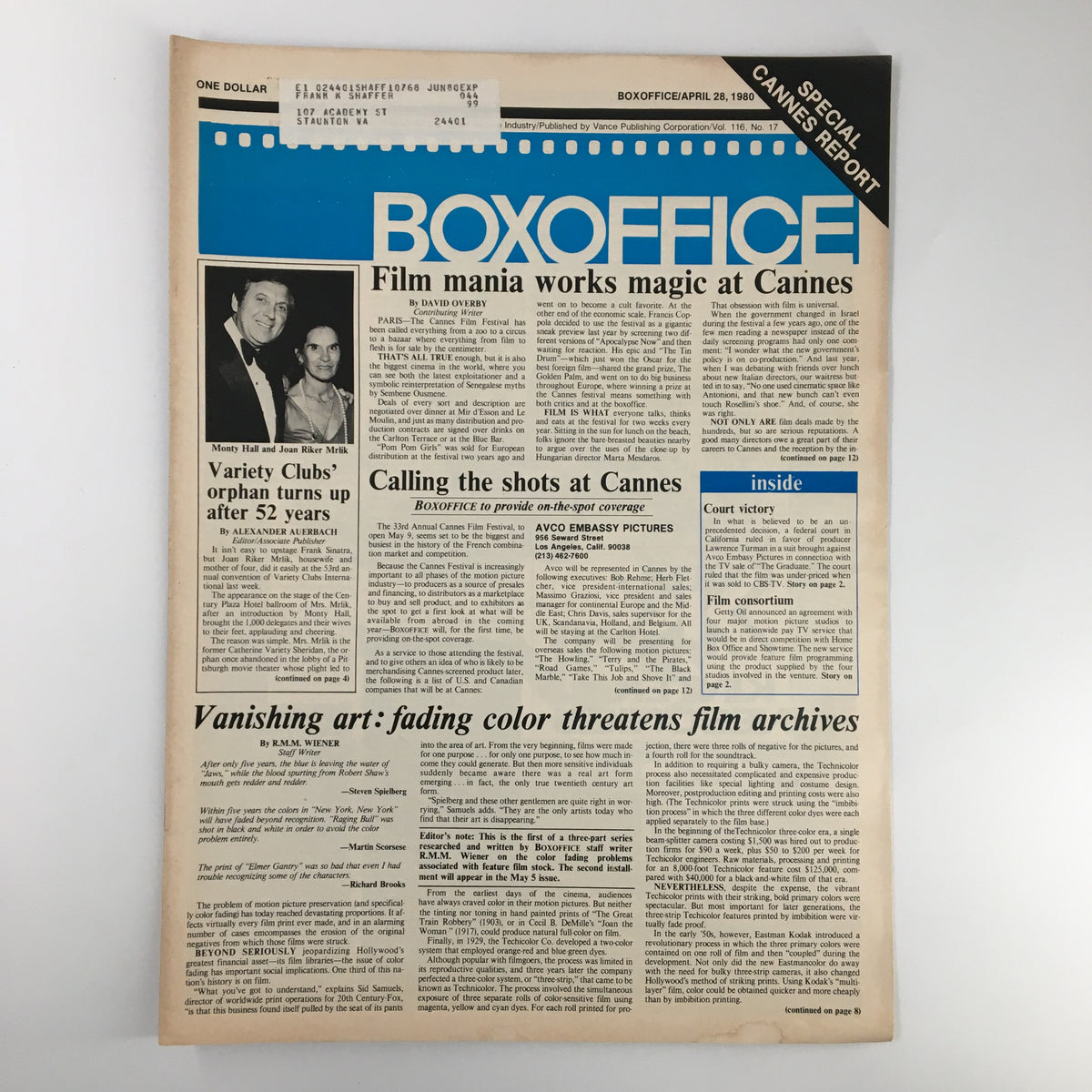 Cover of Box Office Magazine, April 28, 1980, featuring Monty Hall and Joan Riker Mrlik, highlighting topics like film festivals and entertainment news.