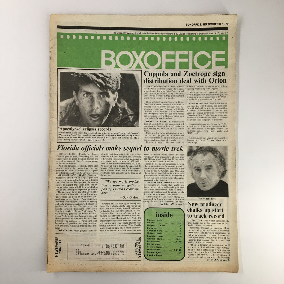 Box Office Magazine cover from September 3, 1979, featuring a striking image related to 'Apocalypse Now,' highlighting Martin Sheen's iconic role in film history.